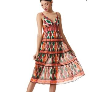 Alice + Olivia Santina Geometric Print Multicolor V-Neck Midi Dress Size 12 NEW